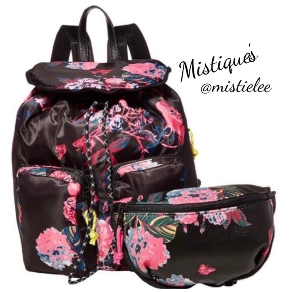 STEVE MADDEN 2 Pc Large Backpack Set NWT PINK Black BLiLy Playful Floral Pattern